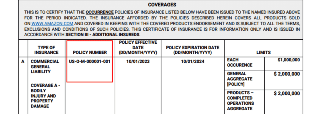 Assureful example certificate of liability insurance policy Number