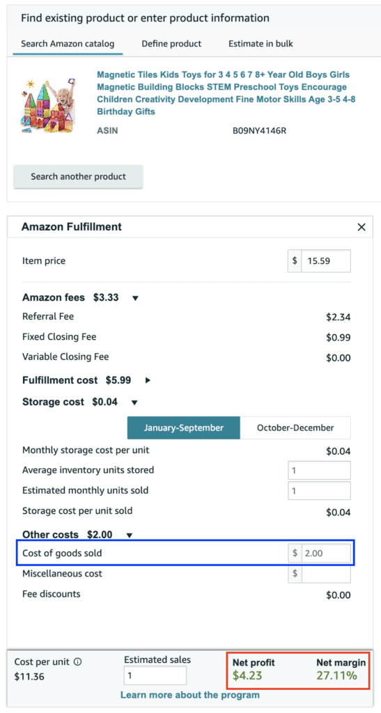 Amazon revenue calculator with cost of goods added
